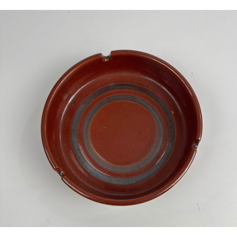 Vintage Mid-Century Modern Ceramic Ashtray Red Brown Striped Glazed Round 5 in - Picture 2 of 8
